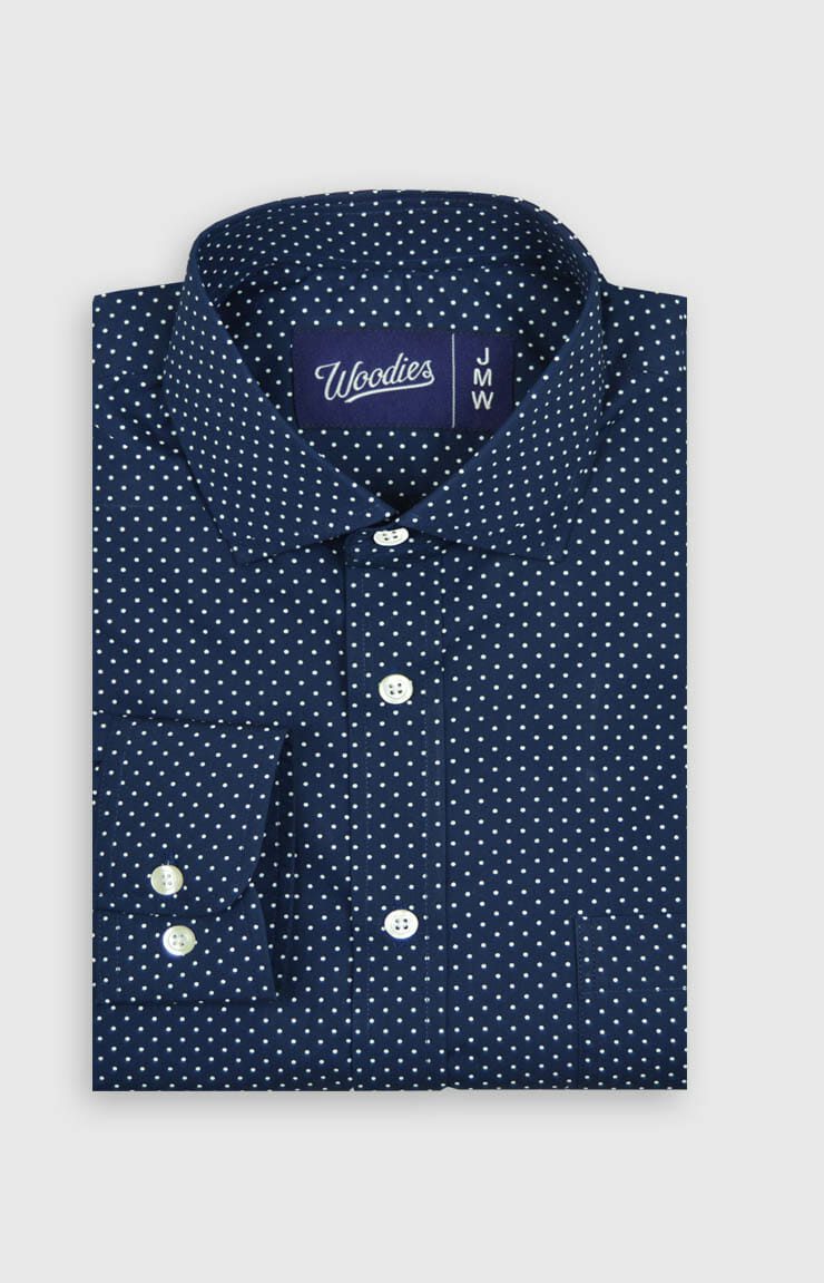 Comfortable Men's Button-Up Shirt in Navy Polka Dot - Woodies Clothing