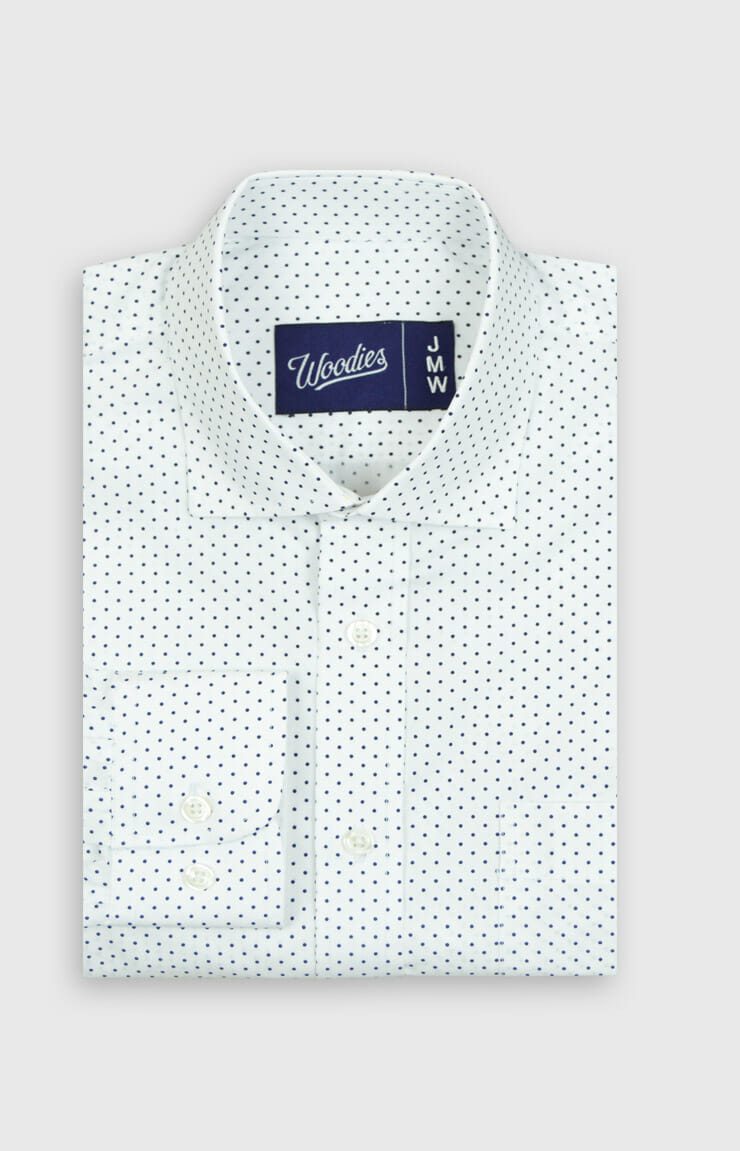 Comfortable Men's Button-Up Shirt in Navy Polka Dot - Woodies Clothing