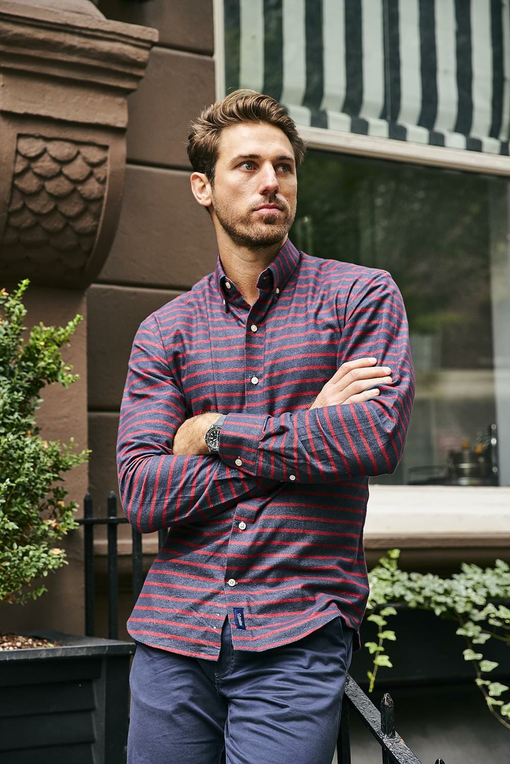 Horizontal Red Stripe Flannel Shirt on Figure - Woodies Clothing