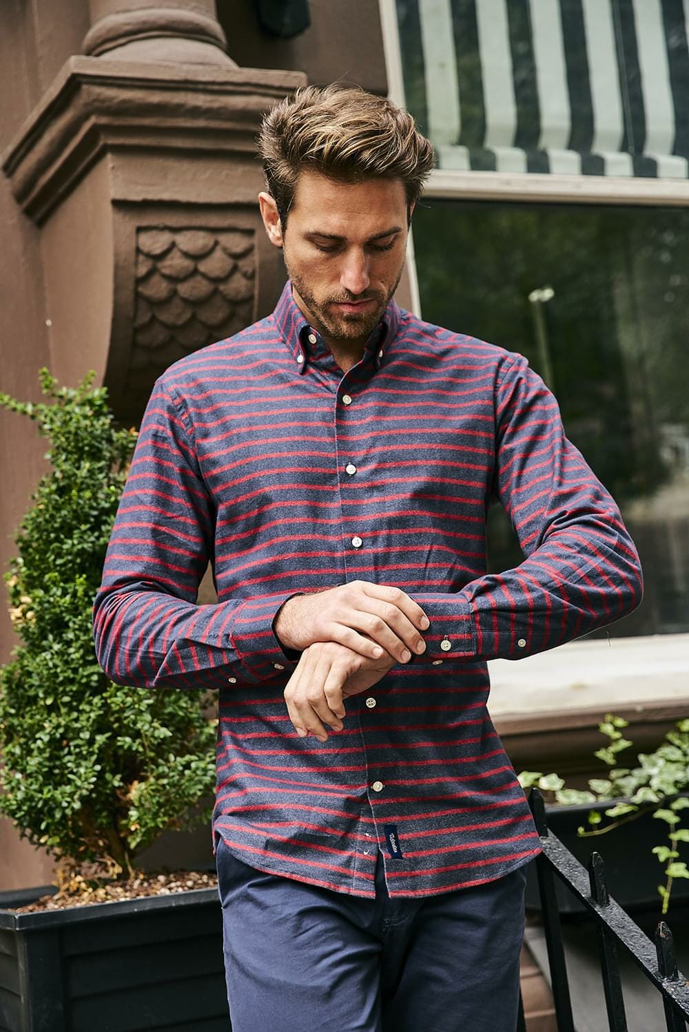 Horizontal Red Stripe Flannel Shirt on Figure - Woodies Clothing