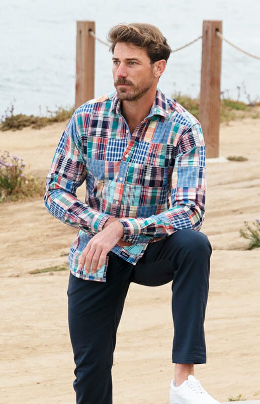 Blue Red and Gold Indian Madras Button Down Shirt