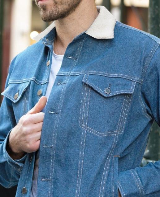 Men's Faded Blue Sherpa Lined Denim Trucker Jacket - Woodies Clothing