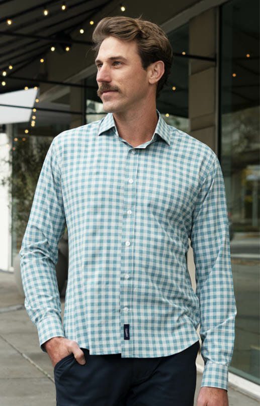 Heathered Teal Gingham Performance Shirt