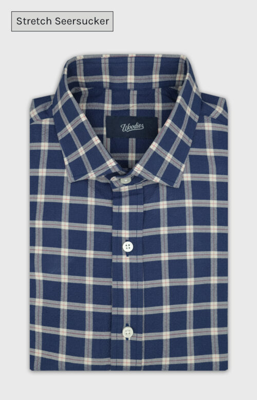 Blue Plaid Stretch Seersucker