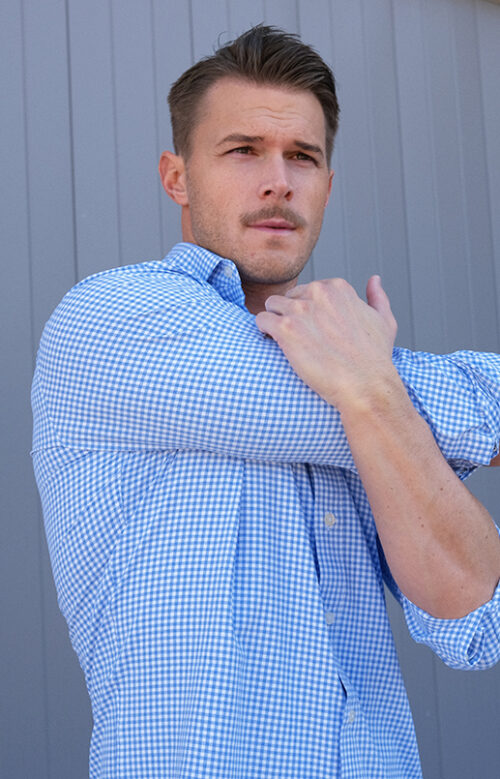 Heathered Blue Small Gingham Performance Shirt